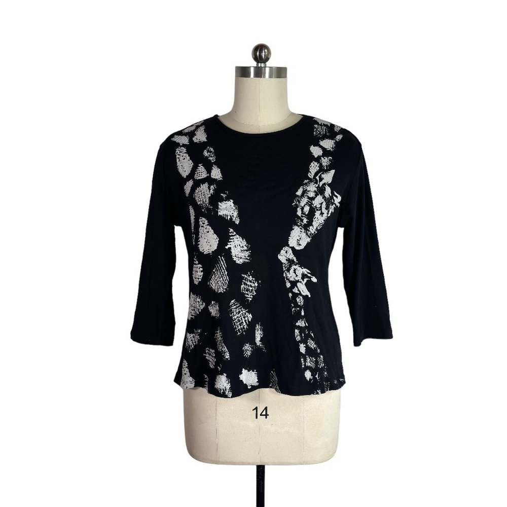 jess & jane artsy giraffe print top XL 100% cotton knit shirt art boho black USA